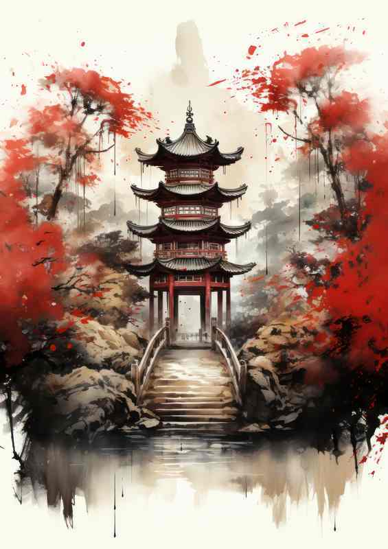 Japanese temple of tori gate watercolor artwork
