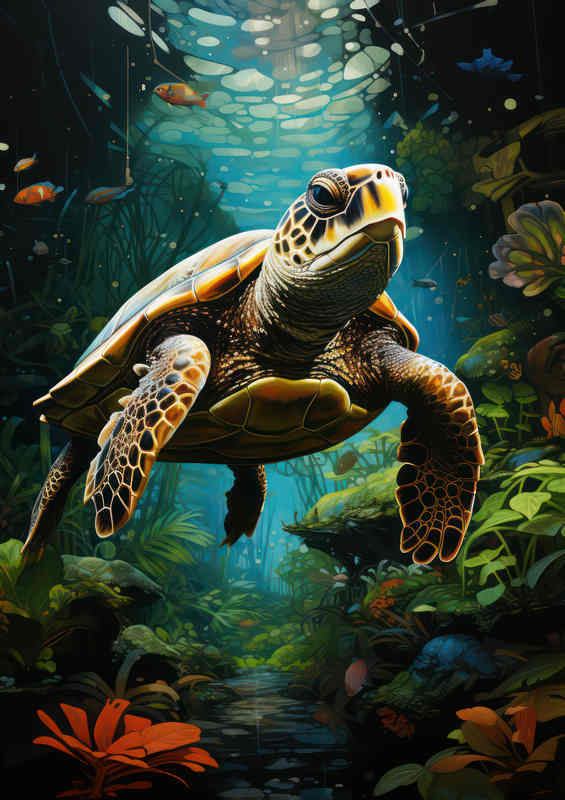 Swimming Turtle majestically in the clear waters