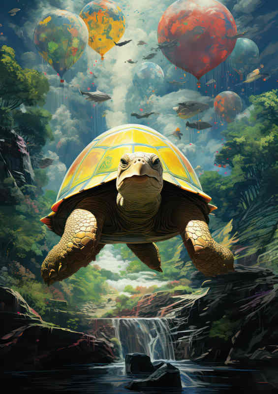 Turtle flying above the river surreal art style