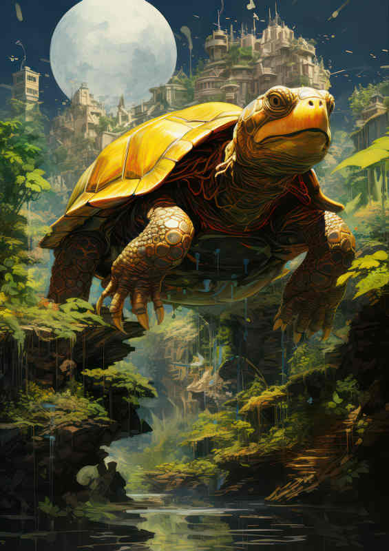 Turtle flying by the waterfall surreal art style