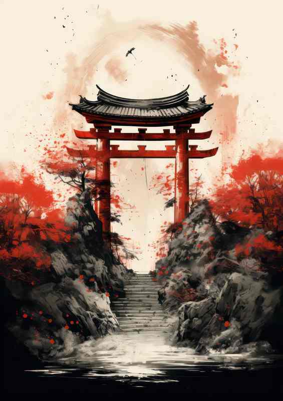 Sacred Shinto Gates Ink and Watercolor Visions