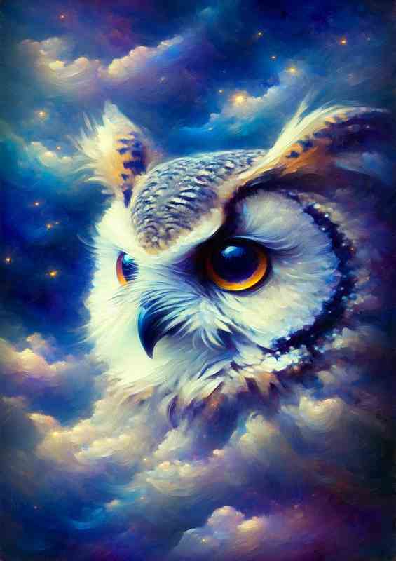 Mystical Owl Gaze head Impressionist Night Sky