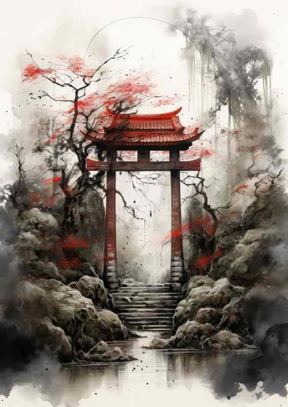 Torii Tapestry Japans with trees in Watercolor Wonders