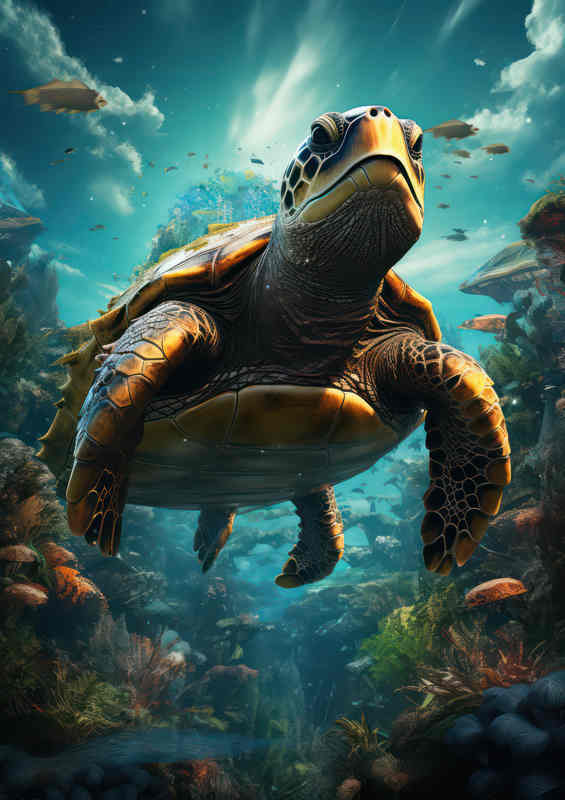 Turtle swimming in amongst the coral bed