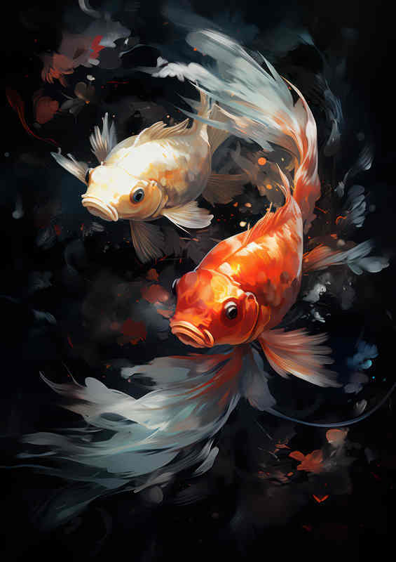 Two Koi Painted style white and reds colours