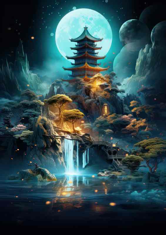 Yujihime full moon tower with waterfall cascading