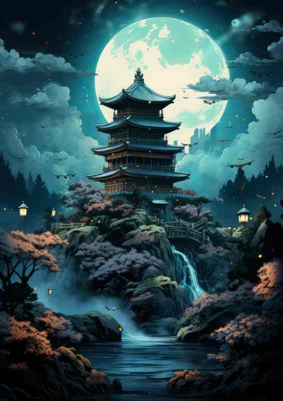 Yujihime Moon Tower w/ Cascading Water & Blue Lake