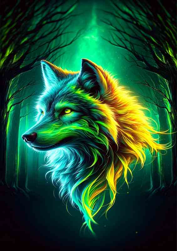 A Wolfs head contrasting with a dark forest