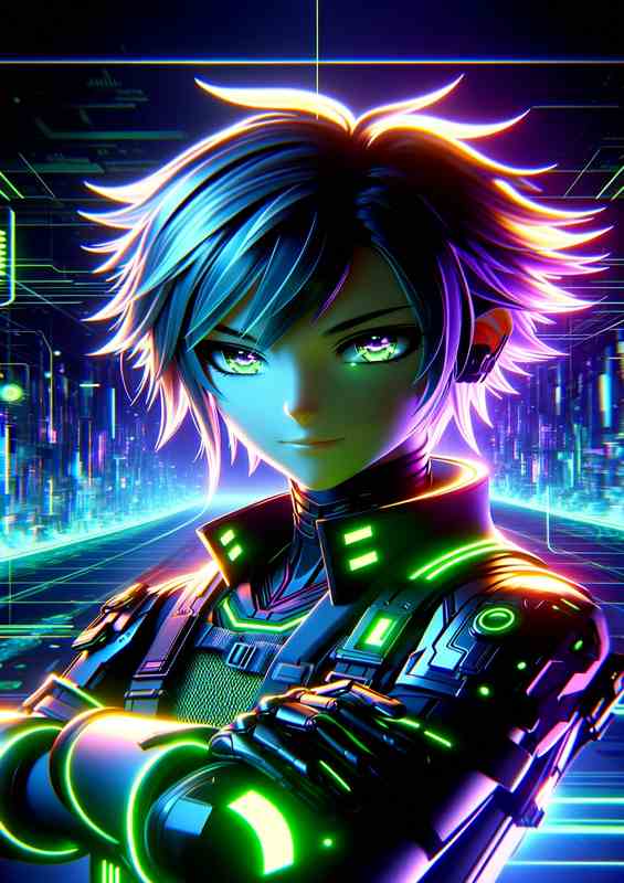A anime character with a sci fi in neon colors