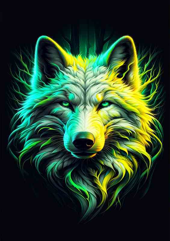 A close up of a wolfs head with neon tones