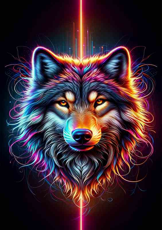 A detail noble wolfs head in neon digital art style