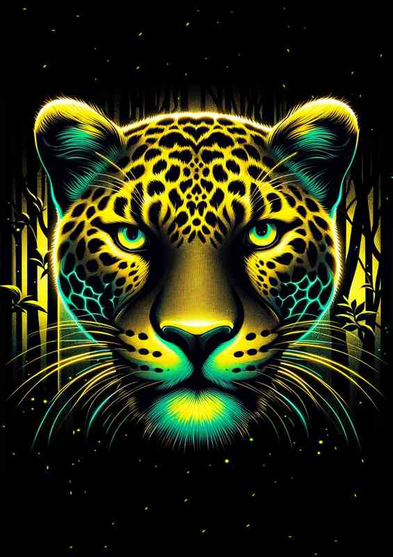 A fierce leopards head with neon yellow and black tones