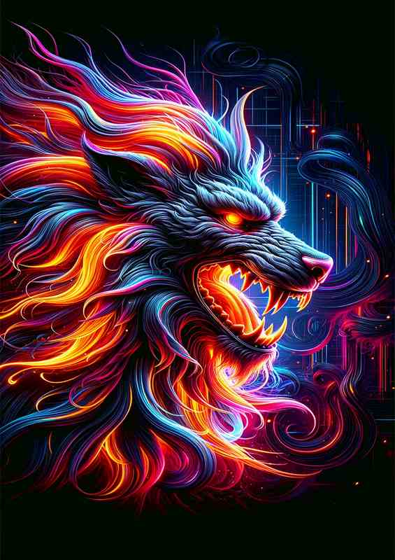 Vibrant Neon Cerberus Metal Poster