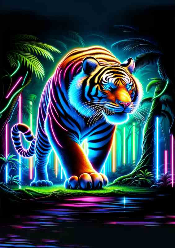 A magnificent tiger prowling through a neon lit jungle