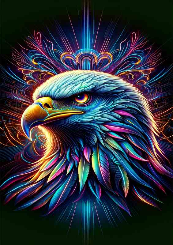 A majestic eagles head in a neon digital art style