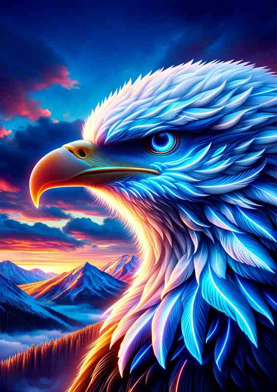 A majestic eagles head, with neon blue and white tones