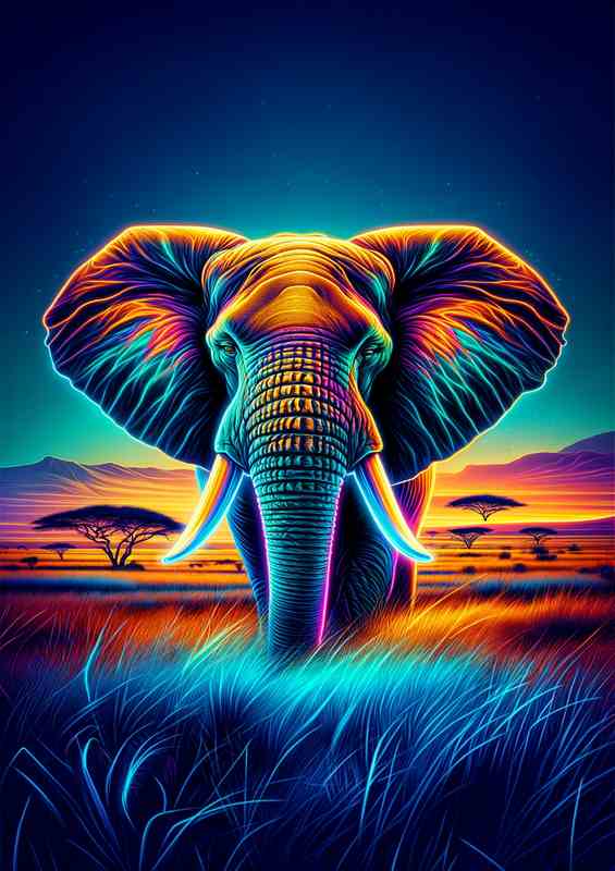 A majestic elephants head in neon digital art style