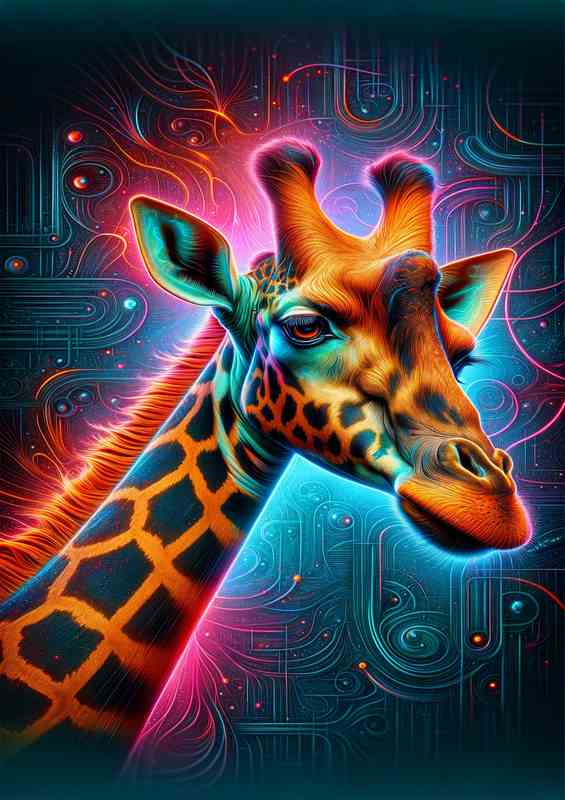 A majestic giraffes head in neon digital art style