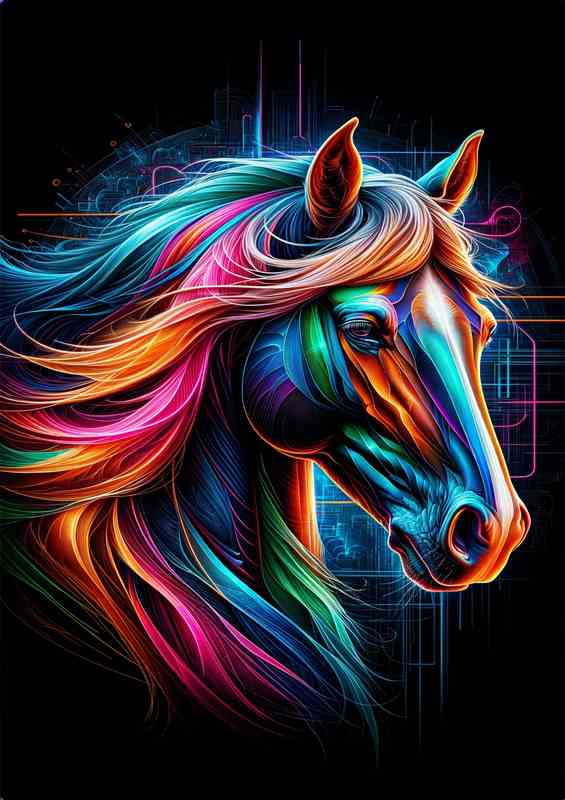 A majestic horses head in neon art strength and beauty