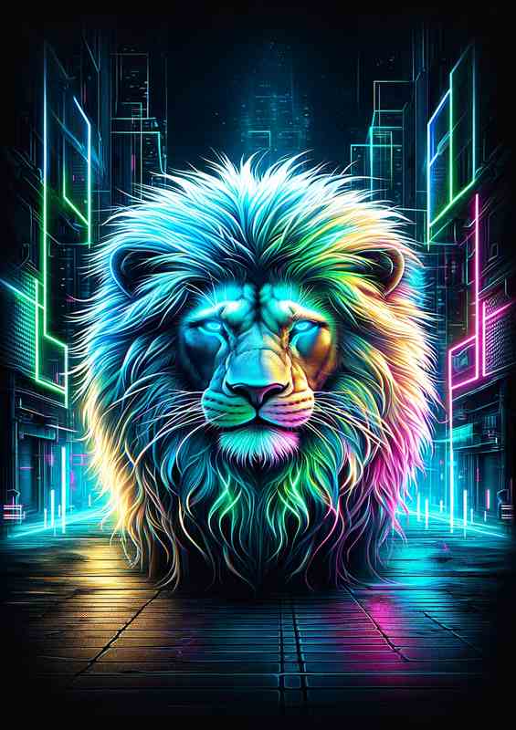 A majestic lion with a neon cyberpunk twist