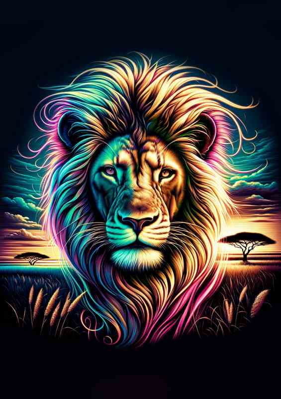 A majestic lions head in neon digital art