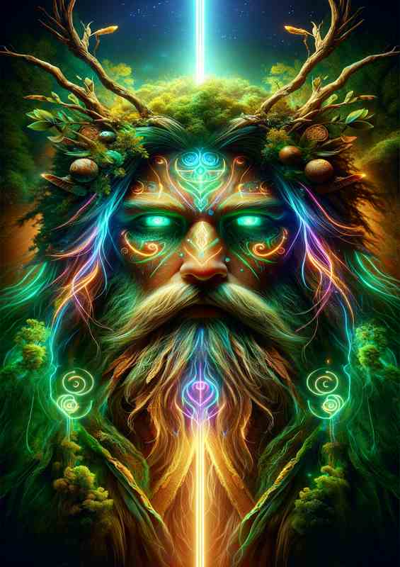 A majestic pagan god enveloped in mystical neon colors