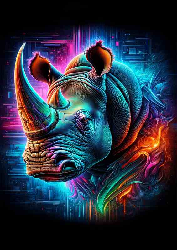 A majestic rhinoceross head in neon digital art style