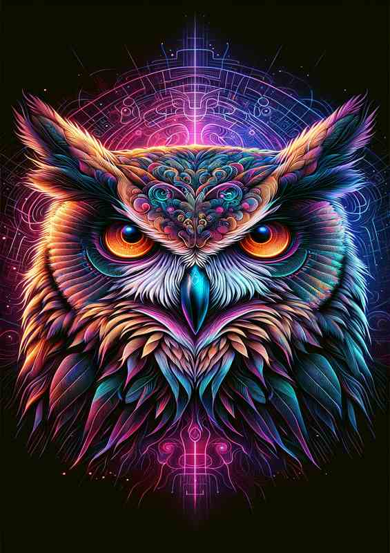A mysterious owls head in neon digital art style
