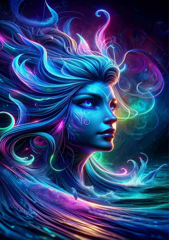 A mythical siren head glowing with surreal neon colors