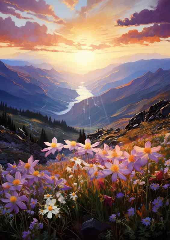 Wild columbines bloom in the mountains at sunrise