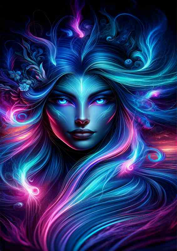 A mythical siren head with surreal neon colors