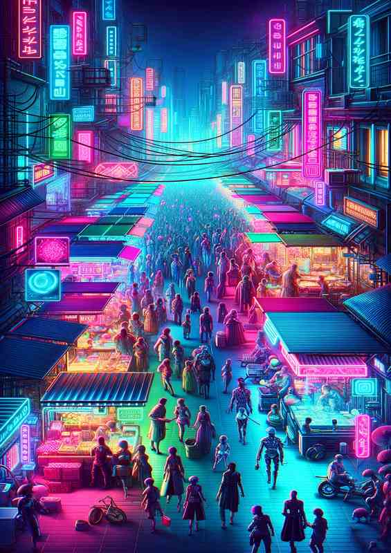 A neon lit cyberpunk marketplace bustling with activity