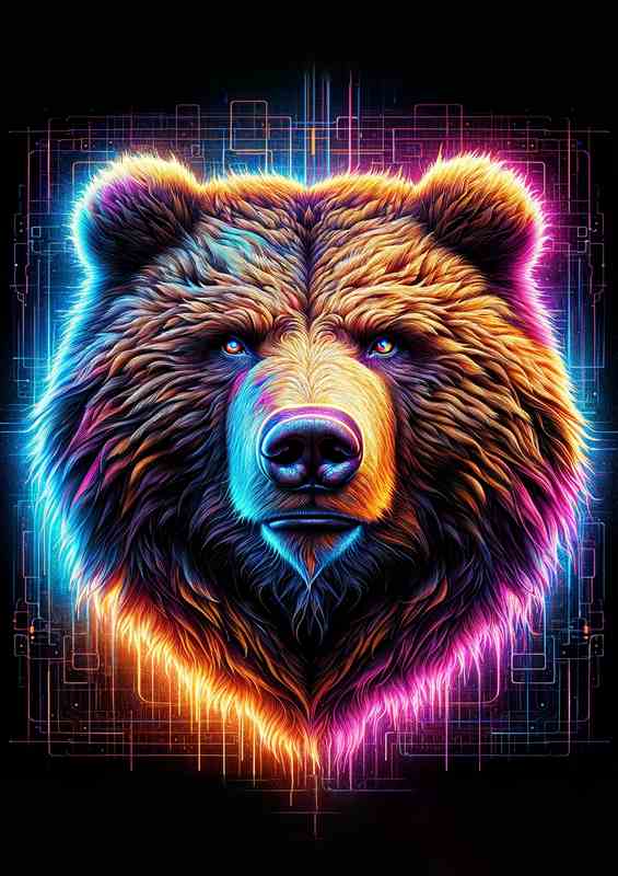 A powerful bears head in neon digital art style