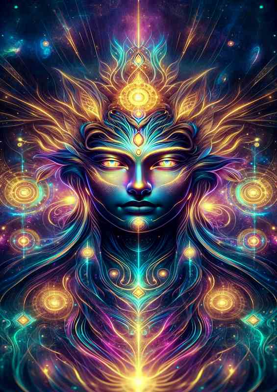 A powerful deity radiating divine energy in neon colors