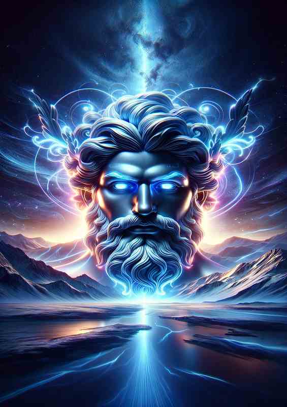A regal Olympian god shining with luminous neon colors