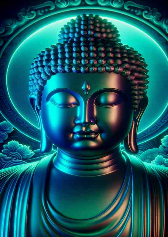 A serene Buddha figure bathed in tranquil neon colors