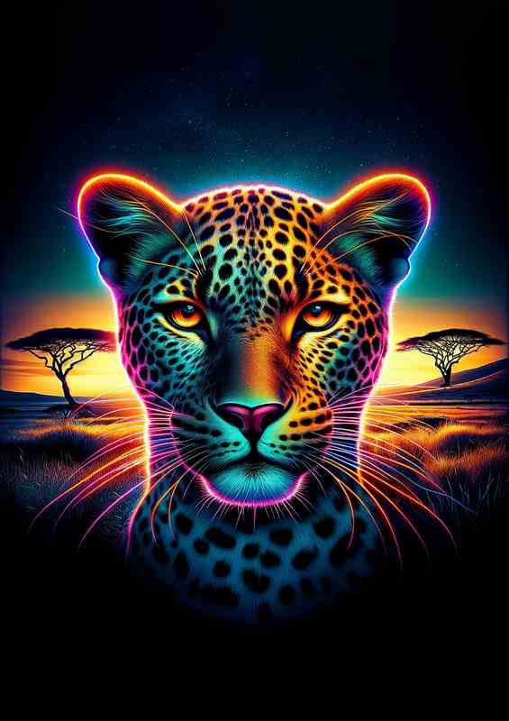 A sleek leopards head in neon African savanna