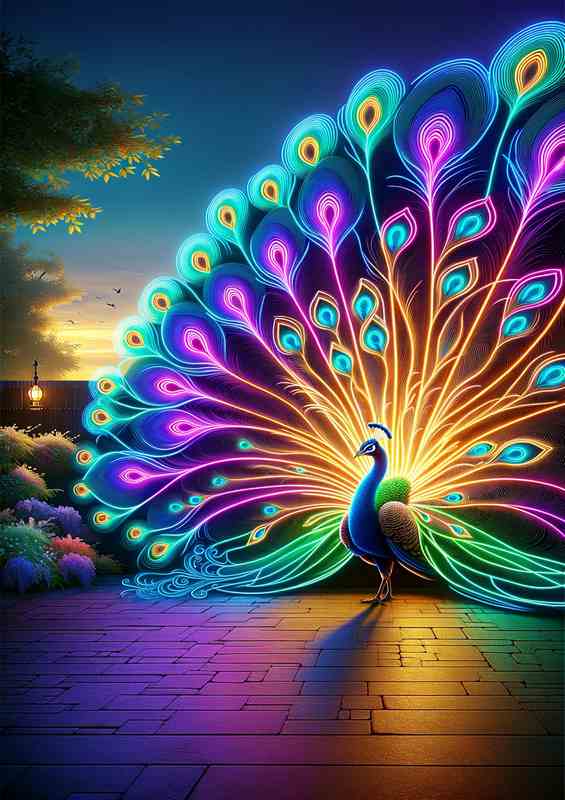 Peacock Display Neon Art Metal Poster