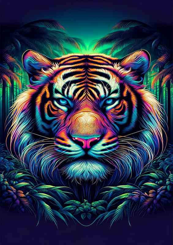 A striking tigers head in neon digital art