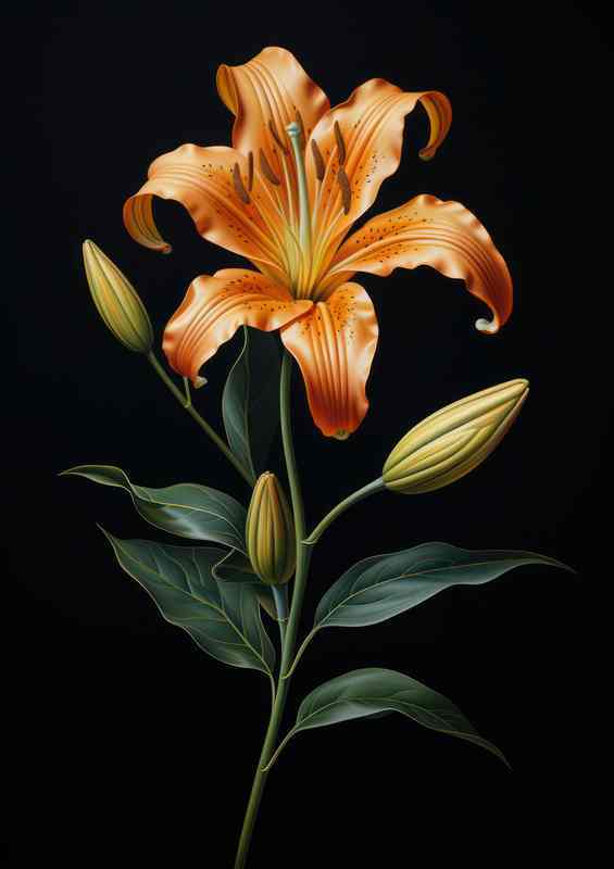 orange lily with green leaves and black background