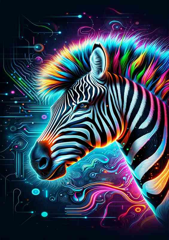 A striking zebras head in neon digital art