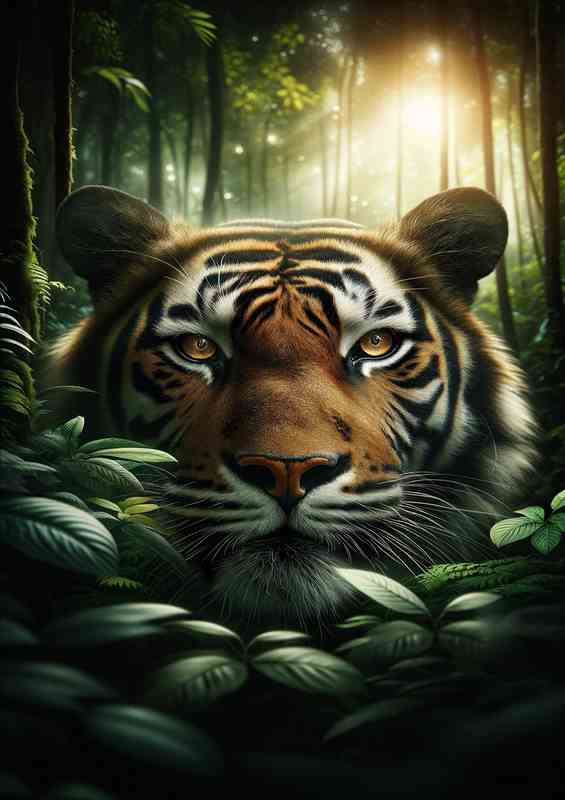 A tigers face emerging from dense jungle foliage