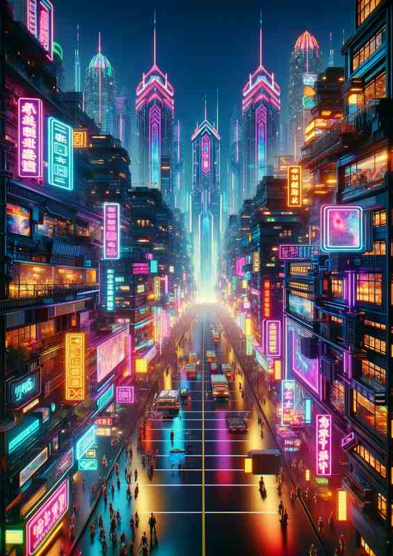 A vertical view of a neon lit cyberpunk city street