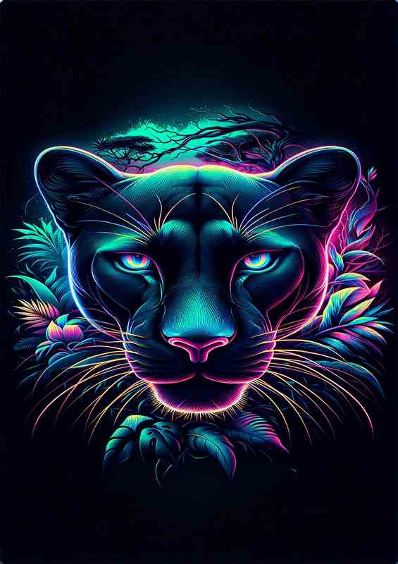Amospheric sleek panthers head in neon art style jungle
