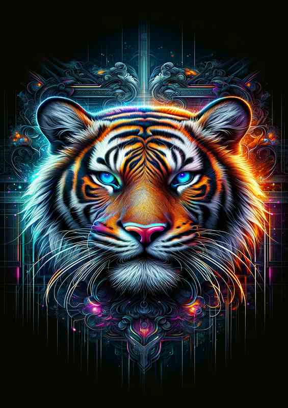 An elegant tigers head in neon art style