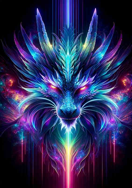 An ethereal dragon head by vibrant neon colors