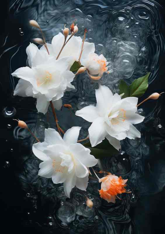 white flowers in the water with a hint of orange