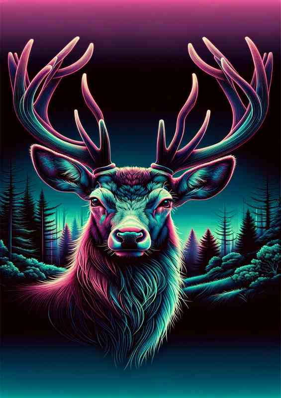 Atmospheric regal deers head in neon digital art style