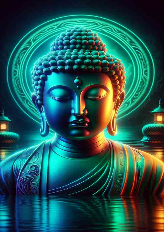 Buddha figure, bathed in tranquil neon face is depi