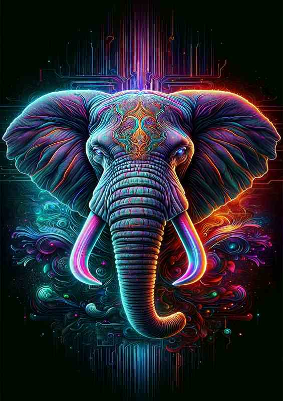 Elephants head in neon art style embodying majesty
